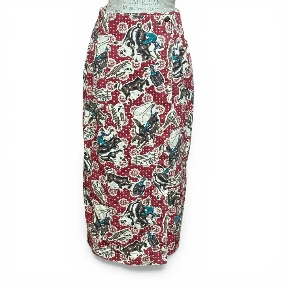 Vintage State Of The Art Red Western Print Wrap Pencil Skirt Red White Teal 9